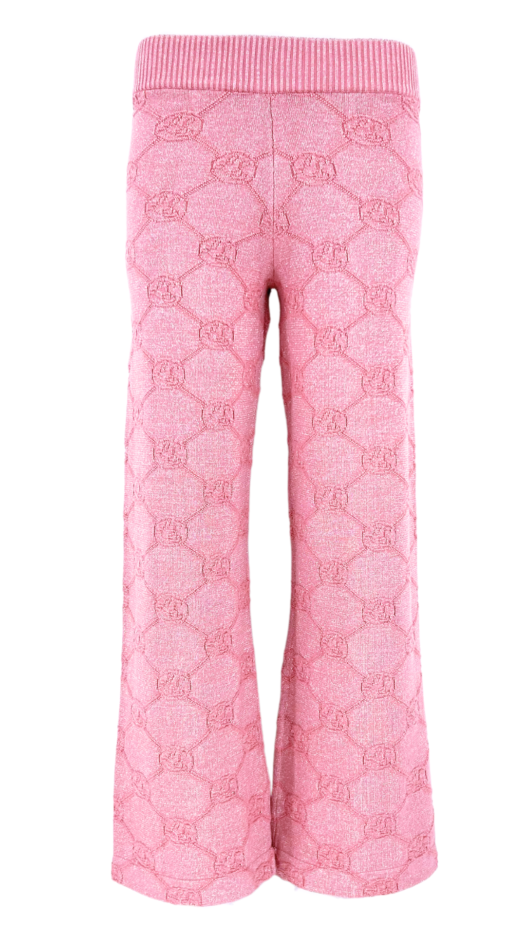 a pink pants with a mono logo pattern on it
