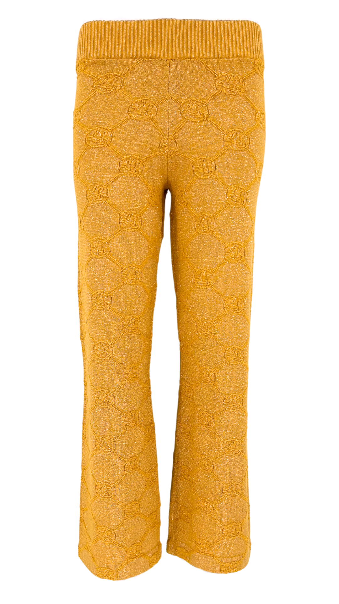 a gold yellow knitwear pants with a mono logo pattern on it
